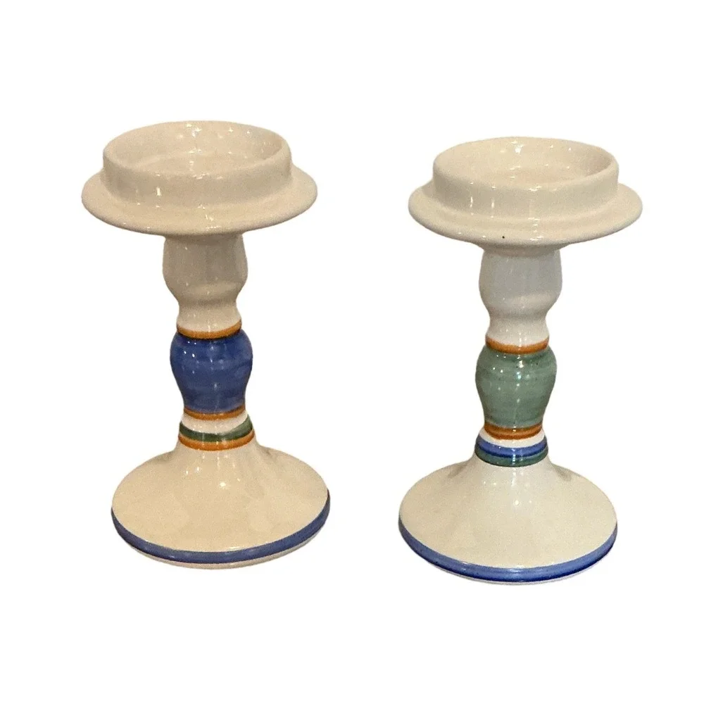 Ceramic Pillar Candlestick‎ Holders Set 2 Hand Painted Blue Green Orange White